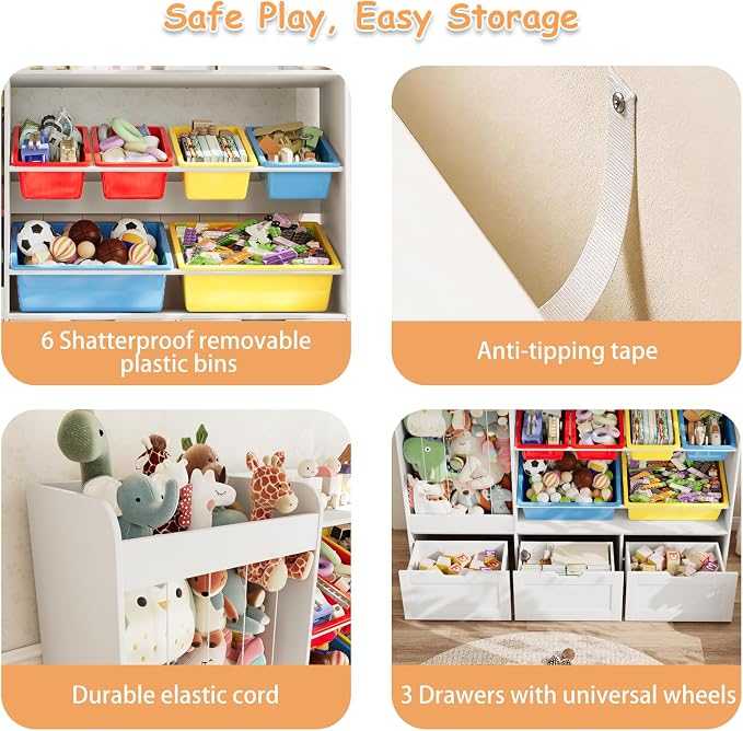 50.6" W x 41.3" H Wooden Toy Storage Organizer Cabinet | 140L Stuffed Animal Storage, 6 Plastic Bins & 3 Rolling Drawers, Color Storage Bins for Playroom Nursery Home Decor, White - Image 5