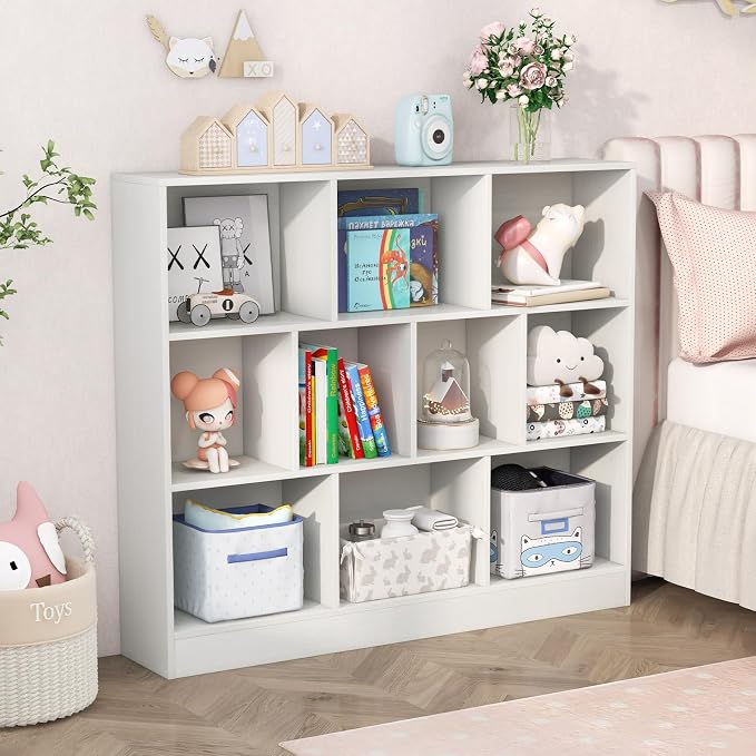 HONEY JOY Kids Toy Storage Organizer, 10-Section Wooden Floor Storage Cabinet, 41” Daycare Toy Chest, 3-Tier Kids Display Bookshelf for Classroom, Playroom & Nursery, Kindergarten (White) - Image 2