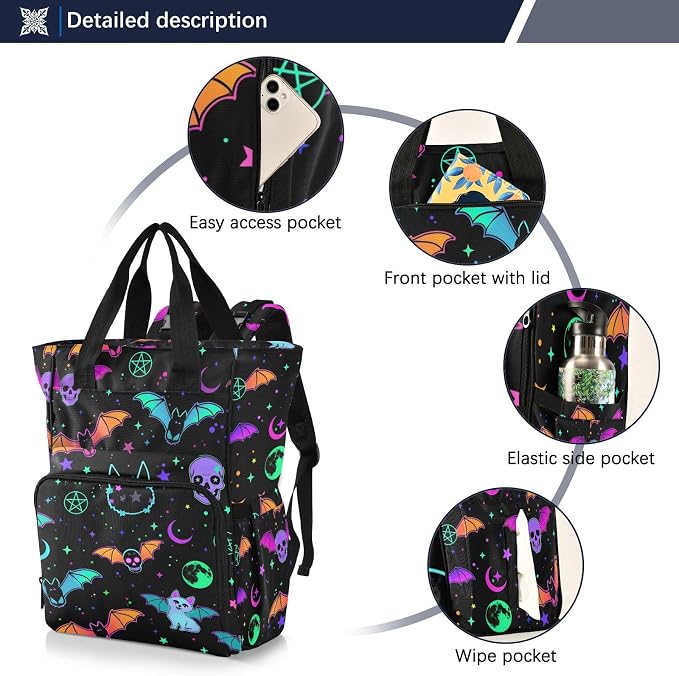 MNSRUU Diaper Bag Magic Skulls Bat and Animal Diaper Bag Backpack Multifunction Travel Diaper Bag Tote Large Capacity Diaper Changing Backpacks for Moms Dads - Image 2