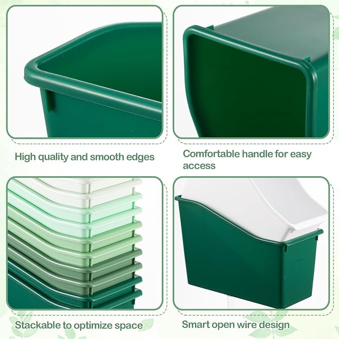Geetery 12 Pcs Book Bin for Classroom with Labels Stackable Plastic Organizing Bins 11.5 x 5.4 x 7.5 in Book Holders Storage Bins Box Baskets for Classroom Library Home (Green Color Scheme) - Image 3