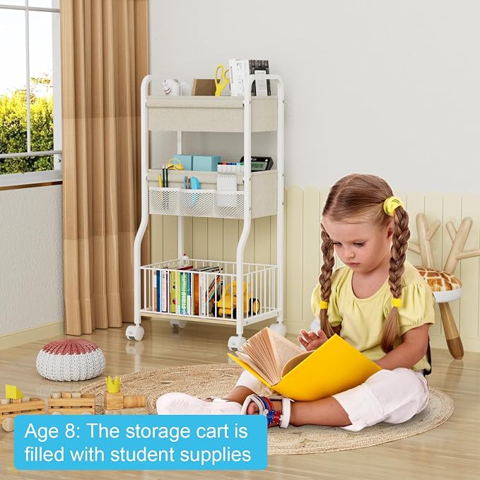 3-tier Baby Diaper Caddy Organizer and Storage Cart with 4+3 Dividers, Metal Utility Cart with Lockable Wheels for Nursery, Bedroom, Bathroom, White - Image 4