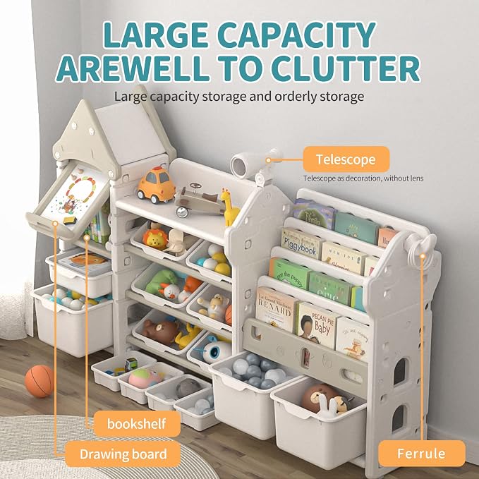 UNICOO® Magic Castle Kids Toy Storage & Bookshelf Organizer with 14 Easy-Pull Bins, Durable HDPE Material, Multifunctional Play Collection with Painting Board & Telescope, Children's Bookcase (White) - Image 5