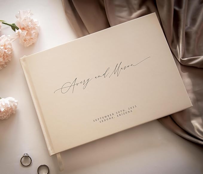 Personalized Guestbook in Oats- Premium Custom Modern Guest Book for Wedding Reception, Birthday Party or Events w/Bookmark Blank Pages for Signing 11.5 x 8.5 inches - Image 7