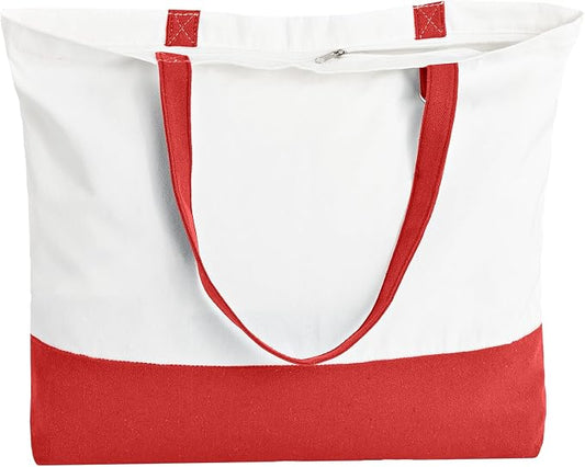 1 Pack Canvas Tote Bag with Zipper, Large Reusable Grocery Tote, Red | Blank bag, washable, inner pocket, flat bottom, sturdy handle, for sublimation DIY/transfer, travel/beach/Christmas crafts by HWJH