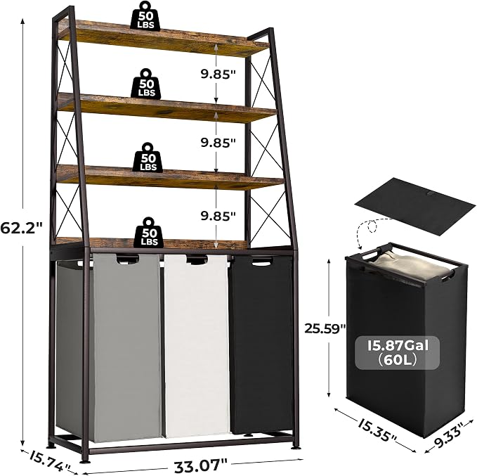 Herture Laundry Basket, 3 Section Laundry Hamper with 4 Tiers Shelf, Pull-Out and Removable Laundry Bags, Large 3 x 15.87 Gallons, for Laundry Room Bathroom Rustic Brown PF05XLN - Image 5