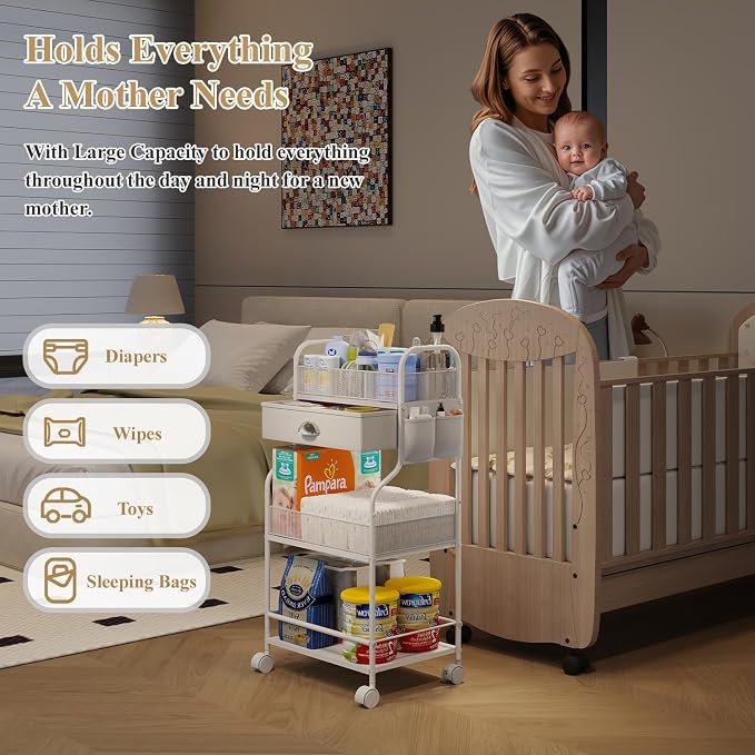 Baby Diaper Caddy Cart Organizer -3 Tier, Bedside Nursery Essentials Organizer & Storage Holder for Newborn Baby Stuff, 2+1 Dividers, 1 Drawer,Rolling Utility Cart for Bedroom,Changing Table, Crib. - Image 6
