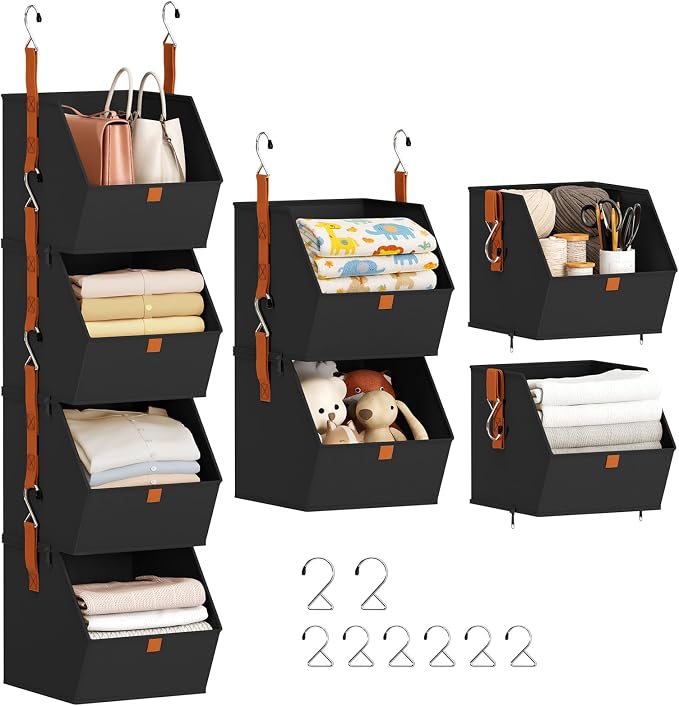 Hanging Closet Organizer 4 Tier - Clothes Hanging Shelves, Space-Saving Closet System, Fabric Storage Bins Bedroom Organization, Collapsible Baskets for Home, Dorm, Rv, Black by Homsorout