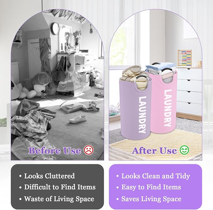 2Pcs 95L Purple + Pink Laundry Basket, Folding Laundry Hampers for Women with Soft Handles, Freestanding Dirty Clothes Basket, Sturdy Oxford Fabric Clothes Hampers for Travel, Dormitory - Image 4