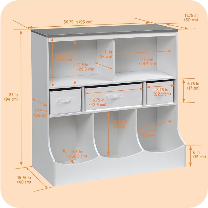 Badger Basket Combo Bin Toy Storage Unit and Book Shelf for Kids with 3 Baskets - White/Gray | Kids storage organizer with 3 removable baskets, open shelves & display top for toys, books, clothes & more. - Image 4