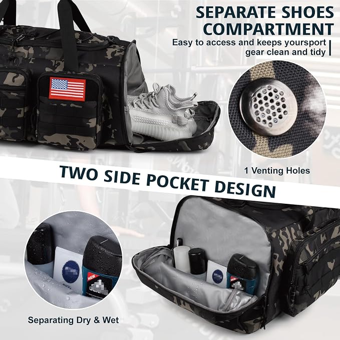 Tactical Gym Bag for Men,50L Large 3-in-1 Sports Duffle Bag for Travel Gym | Water Resistant ,Adjustable Shoulder Strap,MOLLE Weekender Overnight Bag with Shoes Compartment,Gym Backpack for Gym,Travel - Image 7