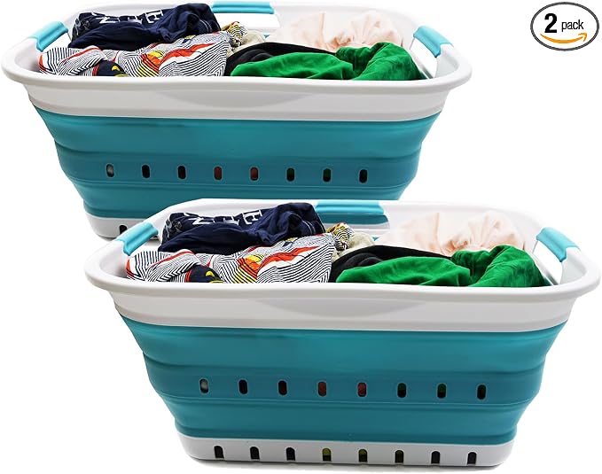 SAMMART 42L (11 gallon) Collapsible Plastic Laundry Basket - Foldable Pop Up Storage Container/Organizer - Portable Basket - Space Saving Hamper/Basket (2, White/Bright Blue) by SAMMART