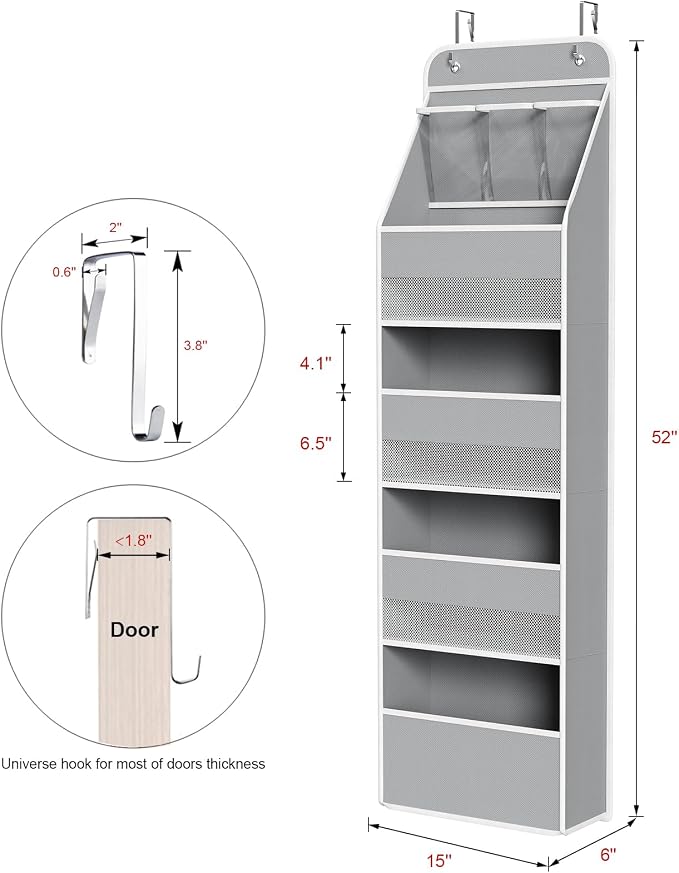 Univivi Fabric Over Door Hanging Organizer for Baby Nursery, Grey, 5-Shelf | Door Storage with Large Capacity Breathable Mesh Pockets, Closet Organizers and Storage for Baby Essential, Bedroom and Dorm - Image 3