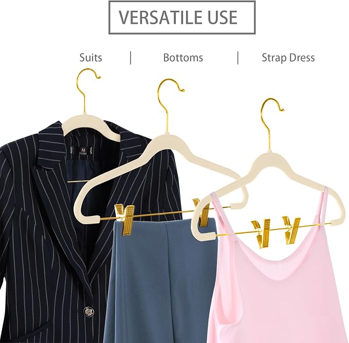 MIZGI Premium Velvet Pants Hangers with Adjustable Clips (Pack of 20) Slim Skirt Hangers- Non Slip Felt Outfit Dress Hangers Ivory - Gold Hooks,Space Saving Shirt Clothes Hangers - Image 4