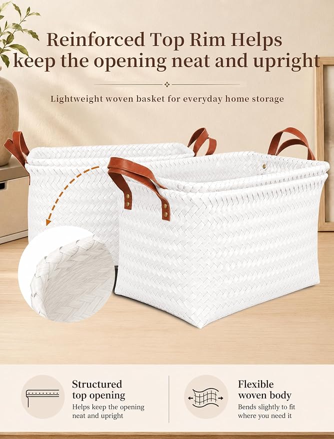 Wicker Storage Baskets, 4 Pack Woven Baskets for Shelves, White | PP Rattan, Water-resistant Wicker Basket, Large Baskets with Faux Leather Handles for Blanket, Laundry Organizer, Room Decor - Image 5
