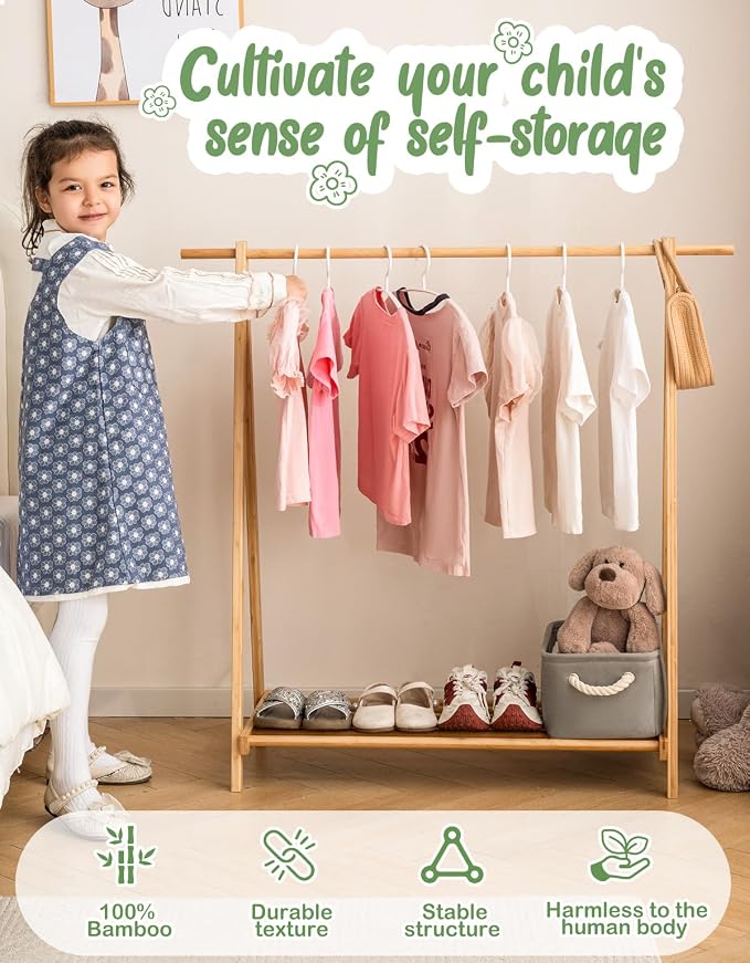 Kids Clothing Rack with Storage Shelf, Kids Dress Up Rack, Dance Costume Garment Rack for Hanging Clothes,Garment Rack for Hanging Clothes Organizer, Bamboo (Natural) - Image 2