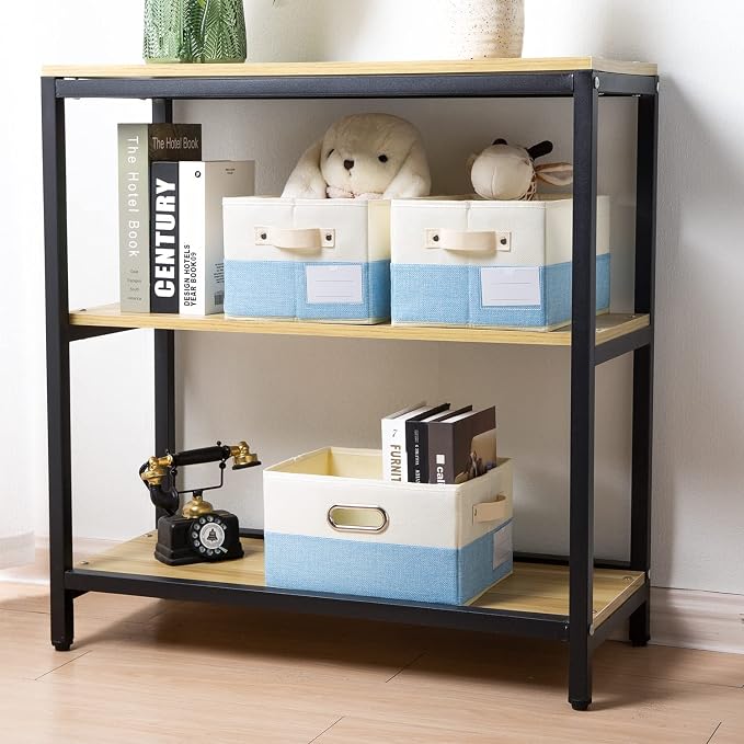 Fodable Storage Bins for Closet [3-pack] Decorative Fabric Storage Baskets Cubes with Leather/Metal Handles for Shelves Bedroom Living Room Blue&Cream (11.5x8.5x6.7 Inch) - Image 2
