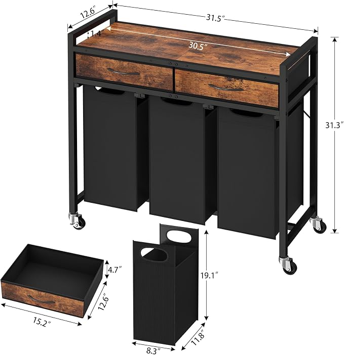 Laundry Sorter 3 Section, 120 L Laundry Hamper with 2 Drawers & 2-tone Top Panel, Rolling Laundry Basket Organizer with Pull-Out Removable Oxford Fabric Bags for Laundry Room Organization - Image 2