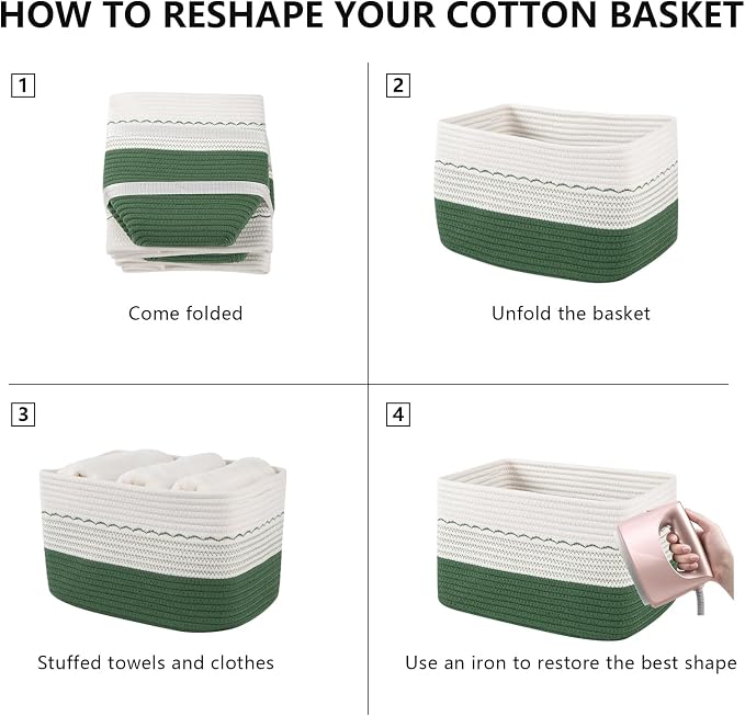 OIASKET 4 Pack Storage Baskets for Organizing, 13"X9"X7.87", Decorative Cotton Rope Baskets for Shelves, Small Woven Basket for Toys, Books and Towels, Green & White - Image 8