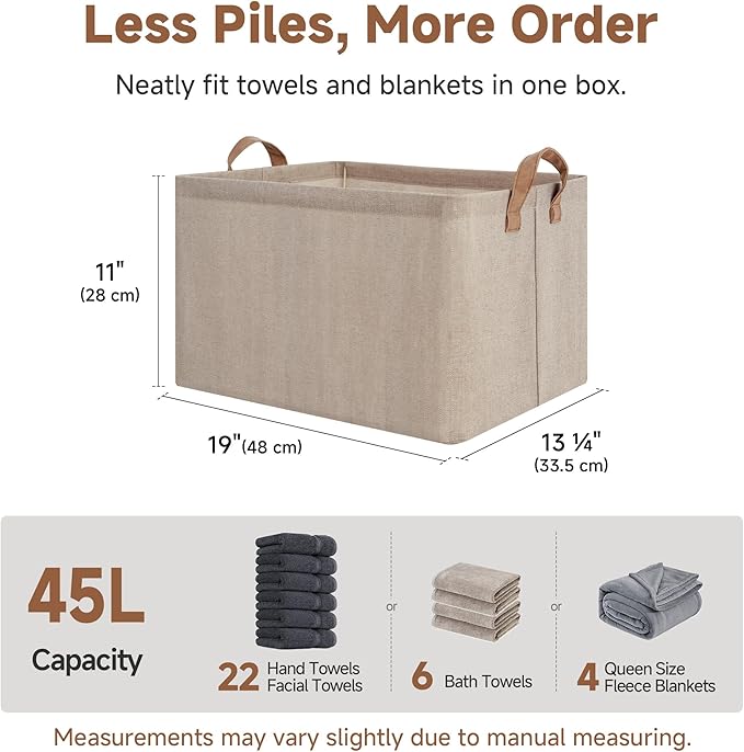 StorageWorks Fabric Storage Bins, Brown and Beige, Extra Large, 2-Pack | 45L, With Reinforced PU Handles, Metal Frame, Collapsible, Storage Basket for Shelves, Closet, Holds Clothes, Towels, Blanket - Image 6