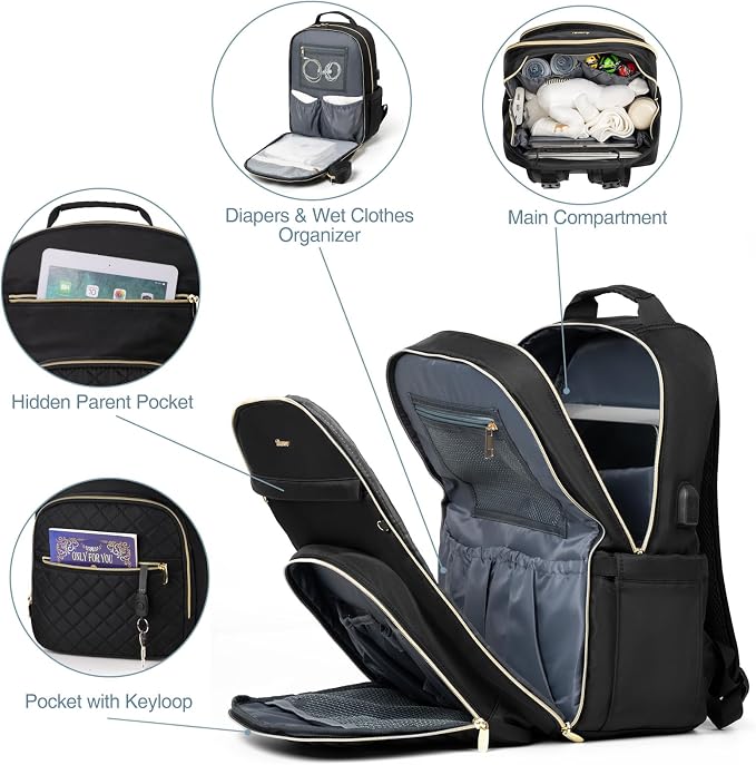 Diaper Bag Backpack, Quilted Baby Bag with Changing Pad and Stroller Straps and Pacifier Case, Large Travel Diaper Bags for Mom Dad,Black - Image 5