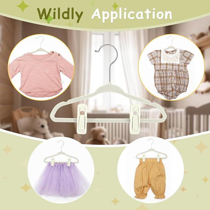 50 Pack Velvet Hangers for Baby & Kids, 11 Inch Non-Slip Infant Clothes Hangers with 100 Multi-use Adjustable Clips, Slim Space Saving Hanger for Nursery Closet, Toddler Skirts Pants Coat, Beige - Image 5