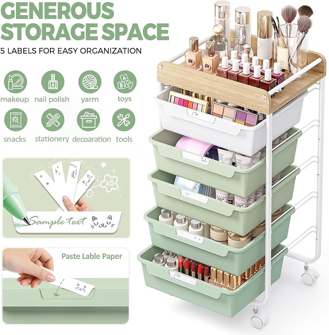 SYKIARIOL Rolling Storage Utility Cart with 5 Drawers,Green | Craft Cart with Wheels,Makeup Organizer,Art Supply And Storage Wooden Tabletop - Image 4