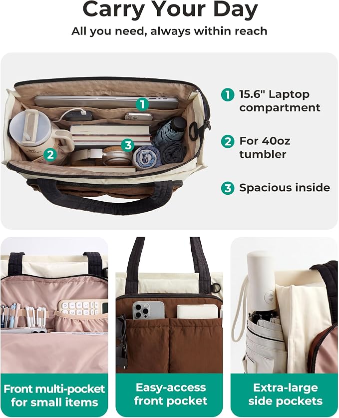 BAGSMART Tote Bag for Women, Puffy Laptop Work College Shoulder Handbag | 30oz or 40oz Tumbler Holder with Crossbody Strap, 13 inch or 15.6 inch Laptop Sleeve, Water Resistant Puffer Teacher Tote Bag - Image 7