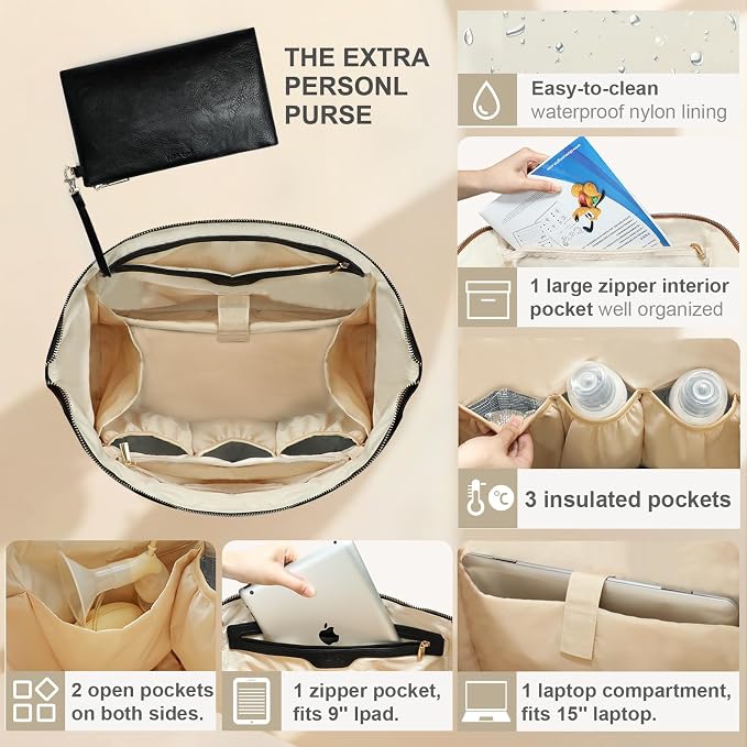 miss fong Leather Diaper Bag Tote Baby Tote Bag Large Mommy Bag Travel Bag | Waterproof Leather Hospital Bag with Small Purse 9 Pockets 3 Insulated Pockets Crossbody Bag Luggage Sleeve & Shoulder Strap - Image 4