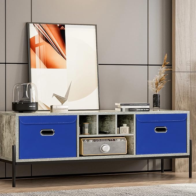Linen Fabric Foldable Collapsible Storage Cube Bin Organizer Basket Fabric Storage Bins with Lid, Leather Handles, Removable Divider for Home, Closet, Dark Blue 3Pcs - Image 5