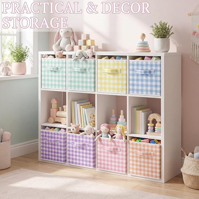 Yalikop 6 Pcs Colorful Gingham Cube Storage Bins, 11 Inch Fabric Checkered Classroom Storage Bins Organizer with Handle Preppy Collapsible Cubby Basket for Classroom Home Nursery Playroom Bedroom - Image 6