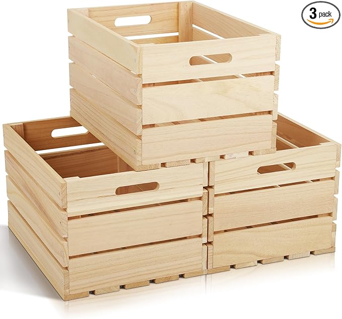 3 Pack Large Wooden Storage Crates 16 x 12 x 9.5 Inches Unfinished Wood Farmhouse Milk-Style Crates with Handles Unassembled Decorative Boxes for Home Office DIY Crafts (Natural Wood (3)) by Unknown