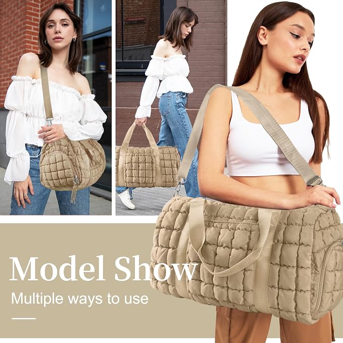 Quilted Travel Duffle Bag Gym Bag for Women,Large Puffer Duffle Weekender Bag with Compartment,Workout Overnight Carry on Organizer Bag Duffle Bag for Airplane Travel(Khaki) - Image 4