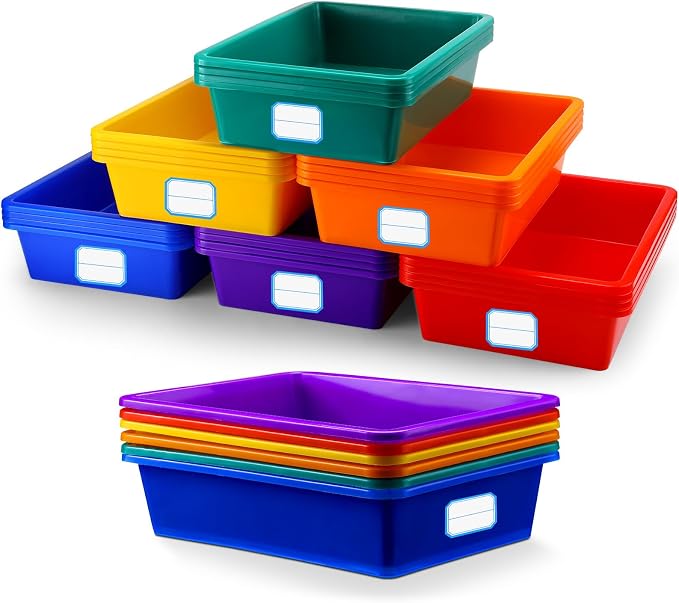 24 Pack Classroom Storage Bins, 14 x 10 x 3 Inch, Colorful | Plastic Cubby Organizer Bins with Labels, Classroom Stackable Storage Bins, Shelves Book Toy Organization, Cubby Bins Bulk by Hoolerry