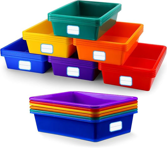 24 Pack Classroom Storage Bins, 14 x 10 x 3 Inch, Colorful | Plastic Cubby Organizer Bins with Labels, Classroom Stackable Storage Bins, Shelves Book Toy Organization, Cubby Bins Bulk by Hoolerry