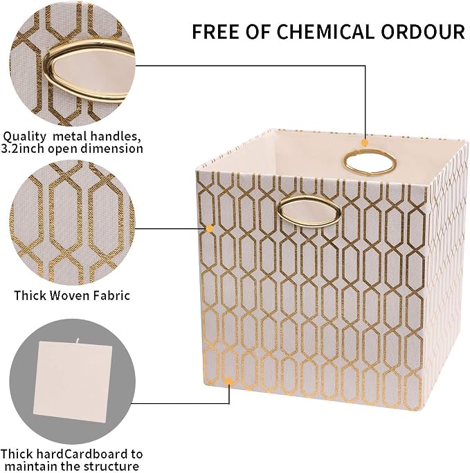 Posprica Storage Bins, Storage Cubes,13×13 Fabric Drawers Organizer Basket Boxes Containers (13×13×13/2pcs, Cream/gold geometry Pattern) - Image 4