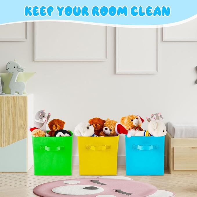 Yinder 12 Pcs Cube Storage Bin 10.5''x10.5''x11'' Storage Bins for Playroom Decor Colorful Bins for Kids Foldable Baskets for Nursery Organizer Boxes Fabric Boxes (Sky Blue, Green, Yellow, Dark Blue) - Image 7