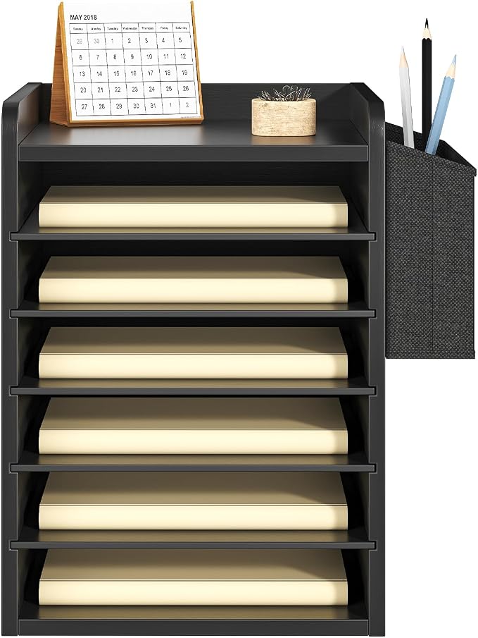 HOOBRO Adjustable Countertop Mail Sorter, 6 Tier Wooden Paper Organizer, Vertical Literature Organizer with Side Storage, Office Mailbox Cubbies, Classroom Mailbox, for Home, Office, Black BB34WF01 - Image 9