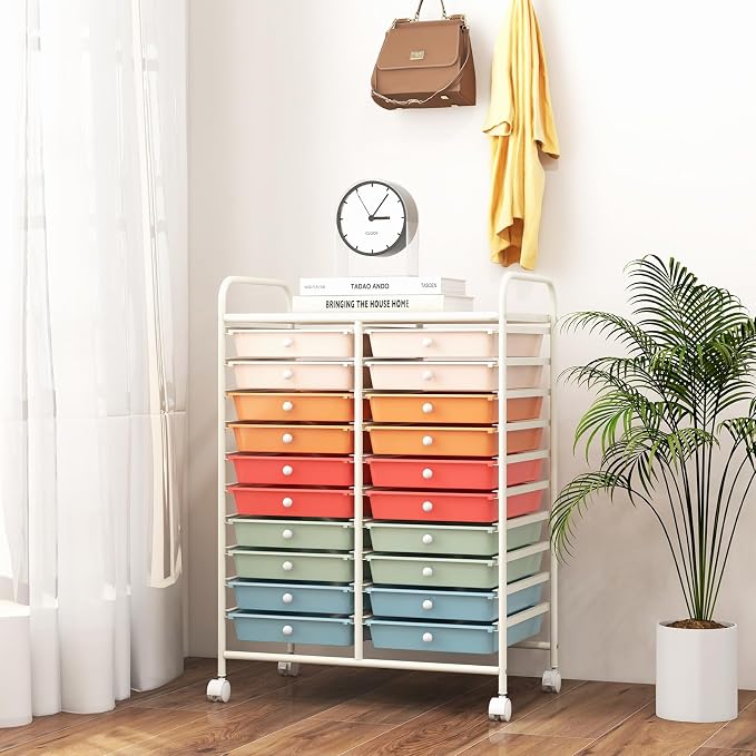 RELAX4LIFE 20 Drawer Rolling Storage Cart, Mobile Rolling Cart w/Drawers for School Classroom Teacher Office Home Salon, Paper File Art Supply Craft Organizer, Utility Cart on Wheels (Macaron) - Image 9