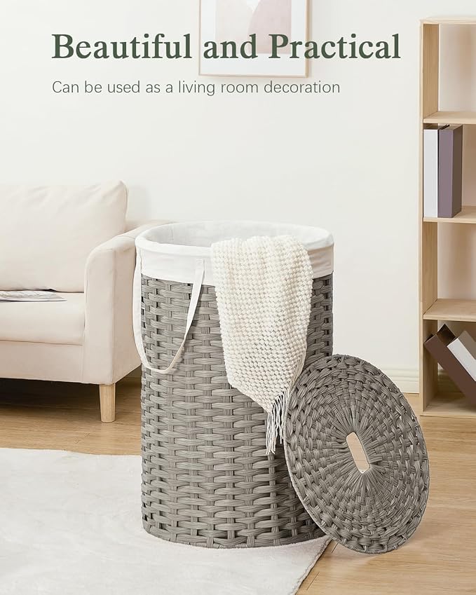 SETVSON Large Laundry Hamper Laundry Basket with Lid, Round PE Rattan, Gray | 130L Large Woven Basket with Lid, Removable Washable Liner Bag, 2 Mesh Laundry Bags, Foldable Long Side Handles - Image 7