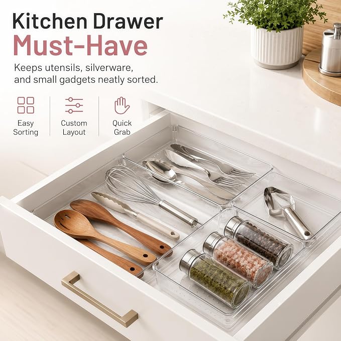 Drawer Organizer, 10 Pack Large Clear Plastic Organizer Bins 5 Sizes, Versatile Bathroom Drawer Trays, Heavy Duty Non‑Slip Drawer Dividers for Makeup, Office & Kitchen Utensils - Image 5