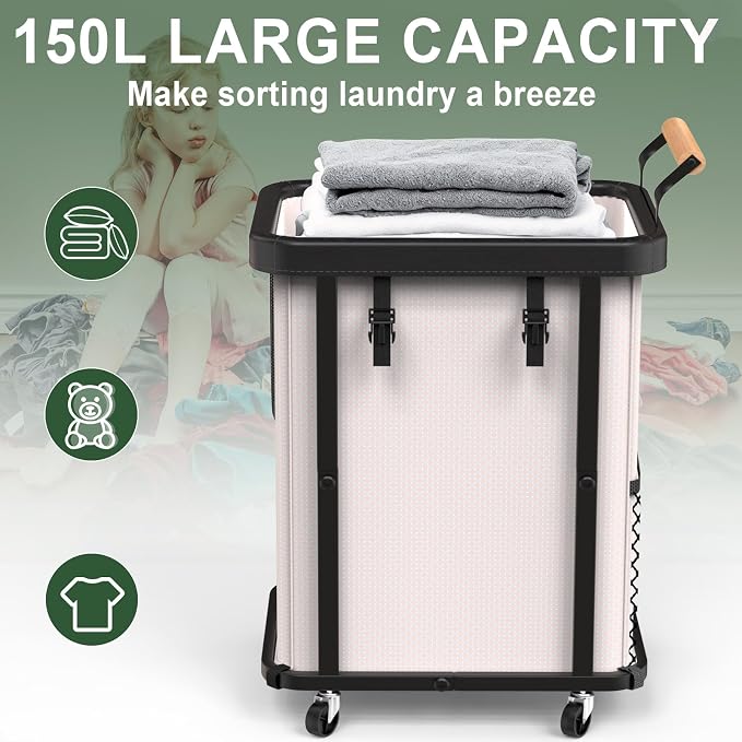 150L Laundry Basket with Wheels,Rolling Basket Hamper with Lid&Handle White | Laundry Organizer Storage Cart with Heavy Duty Sturdy Metal Frame for Home, Hotel, Laundry Room - Image 2