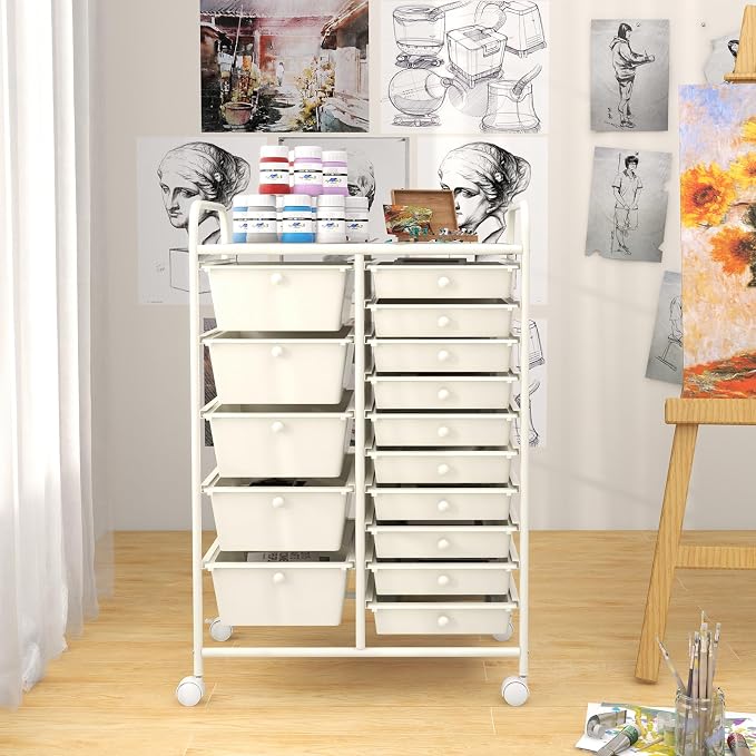 DREAMADE Rolling Cart with 15 Drawers, Rolling Drawer Organizer Cart w/Lockable Wheels, Removable & 2-Sized Storage Drawers, Art Cart for School Home Art Supplies Crafts File Scrapbook - Image 2