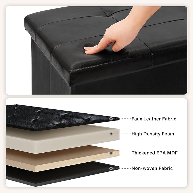 PINPLUS Folding Storage Ottoman Bench, Black Faux Leather Long Ottoman Chest, Footrest Seat, Blanket Storage for Living Room Bedroom Office Hallway, 43.3"x15"x15" - Image 6
