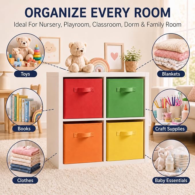 Yinder 6 Pcs Cube Storage Bin, Rainbow Colored 14''x10''x8'' Storage Cubes | Kids Classroom Decor, Colorful Bins Foldable Baskets for Playroom Nursery Organizer Fabric Boxes - Image 5