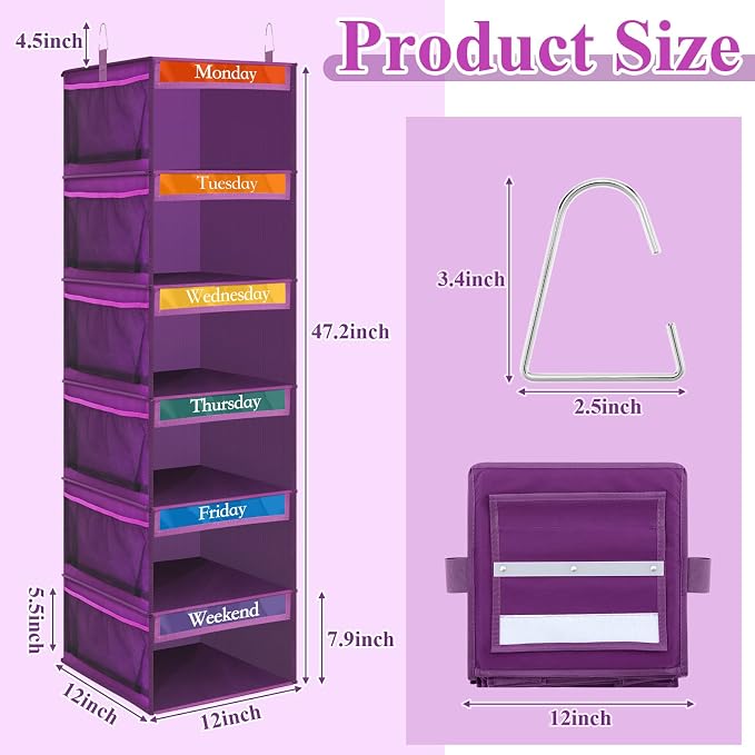 2 Pcs 6 Shelf Hanging Weekly Clothes Organizer for Kid,Purple | Closet Organization, Hanging Closet Shelves with Side Pockets, Labeled Shelves with Days of The Week Monday Through Weekend - Image 2