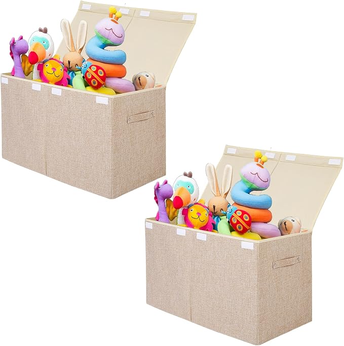 2 Pack Large Toy Box Storage with Lid, Collapsible Sturdy Toy Chest Storage | Toy Chest with Rivets Handles for Kids, Boys, Girls, Nursery, Playroom, Living Room, Bedroom, 25"x 13" x 16" (Linen Gray) by popoly