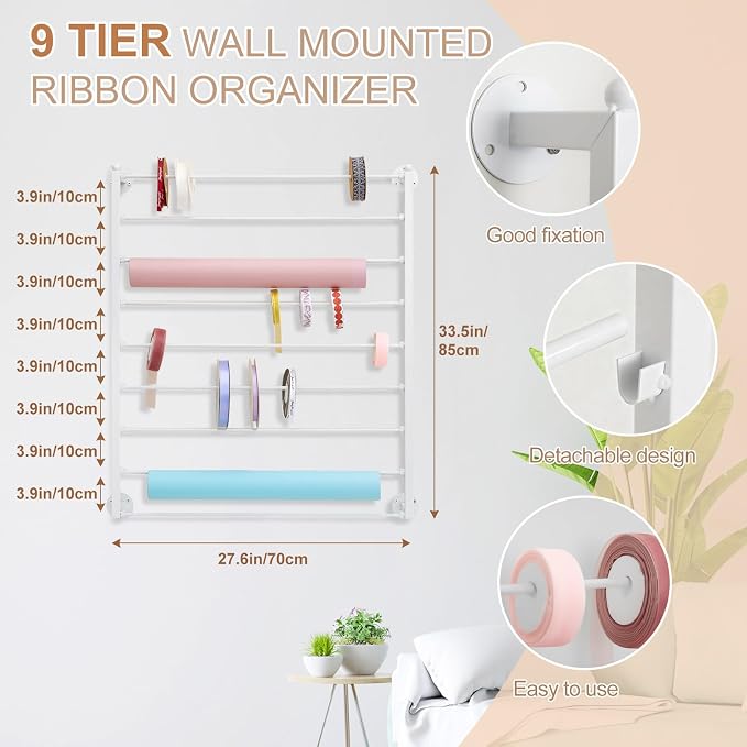 Menkxi 9 Tier Wall Mounted Ribbon Organizer Metal Ribbon Holder,White | Wrapping Paper Storage for Sewing Craft Mesh Thread Tape Wreath Crochet Craft Room Flower Shop, Thanksgiving, Halloween Gift - Image 2