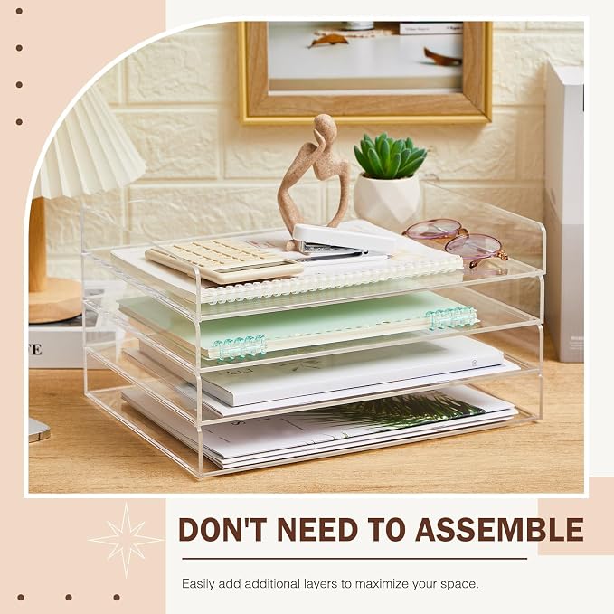 Harloon 4 Tier Acrylic Paper Tray Organizer, Heavy Duty Stackable Clear Organizer for A4/Letter Paper, Acrylic File Storage for Desk, Office Workspace, No Assembly Required, 13 x 10 x 1.7 Inches - Image 3