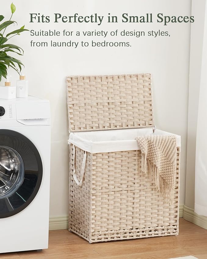 SETVSON Laundry Hamper with Lid PE Rattan Laundry Basket, Light Khaki | Decorative Furniture Look for Bathroom & Bedroom, 2-Section Large Wicker Hamper, 2 Cloth Bags, 6 Mesh Bags Included - Image 7
