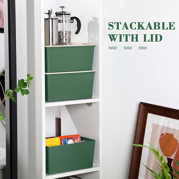 4 Pcs Storage Bins with Lids, Green, Small | Plastic Stackable Organizing Containers, Heavy Duty Storage Boxes for Classroom Room Shelves, Christmas Ornaments Baskets - Image 4